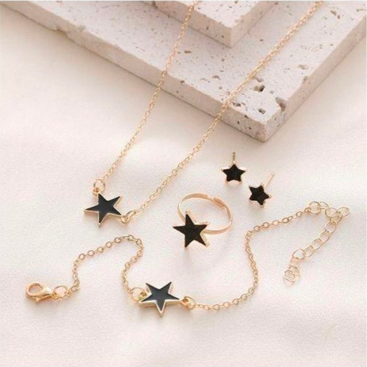 SXCHEN 4 Piece Women's Jewelry Set, which includes a necklace, bracelet, earrings, and a ring in a black and gold star design.
