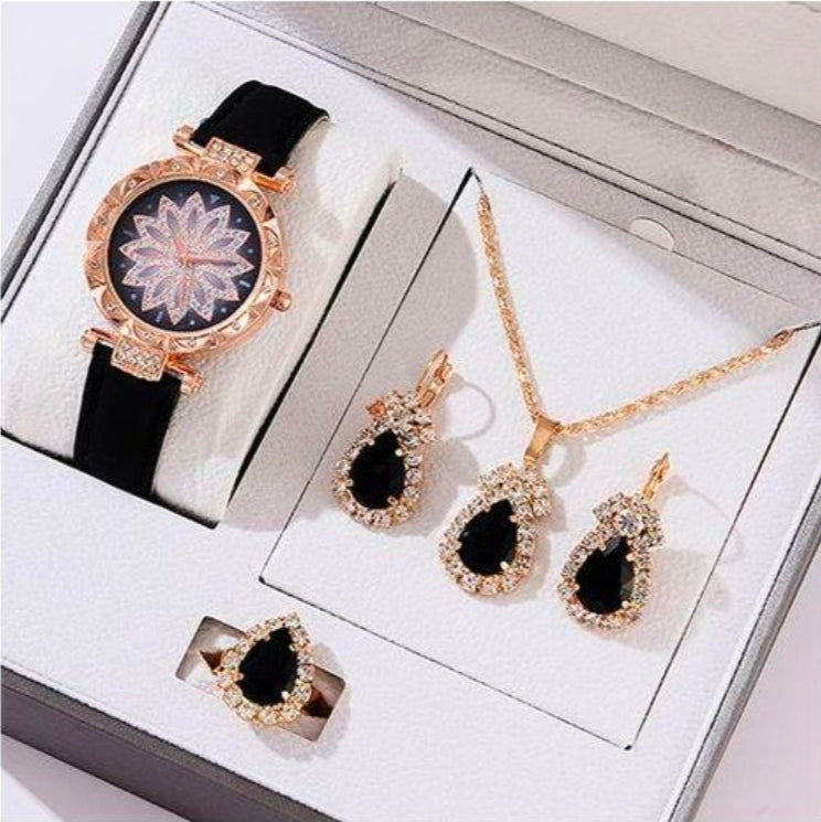 SSKFHGI Women's Quartz Wrist Watch Jewelry Set flower-themed watch, earrings, a necklace, and a ring,