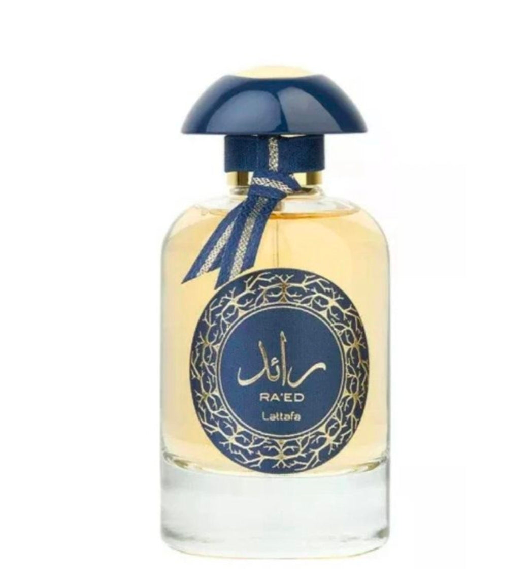 Ra'ed Luxe Eau de Parfum by Lattafa, a 100ml unisex fragrance featuring notes of white musk, cardamom, and vanilla.