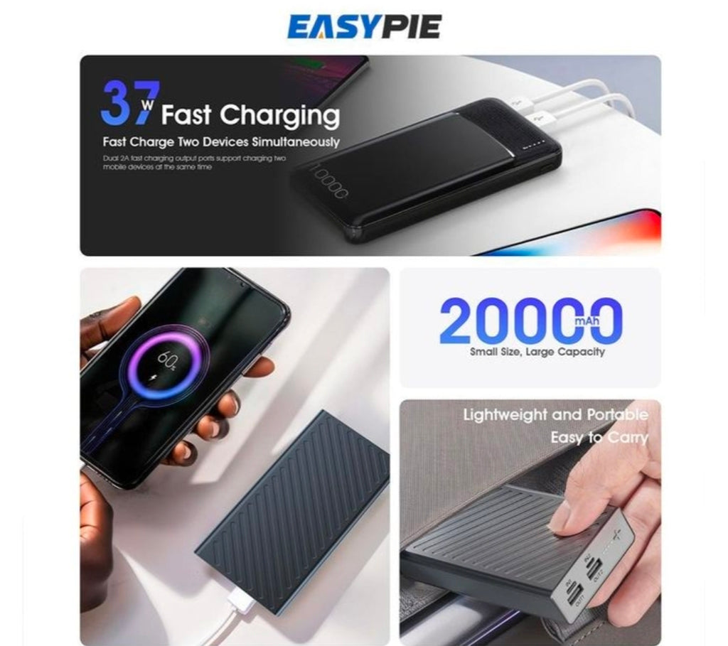 Easypie 2000mAh ultra slim power bank 18w fast charging & dual USB ports portable charger for mobile phone black
