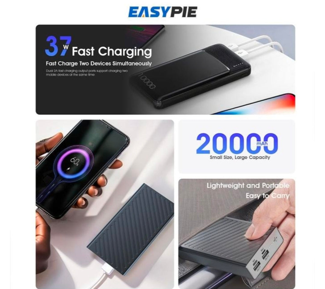 Easypie 2000mAh ultra slim power bank 18w fast charging & dual USB ports portable charger for mobile phone black
