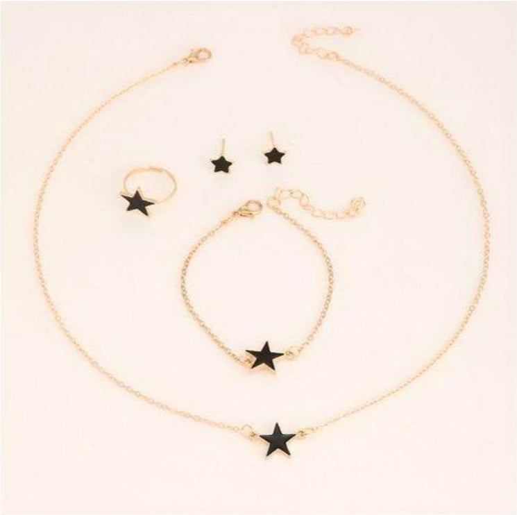SXCHEN 4 Piece Women's Jewelry Set, which includes a necklace, bracelet, earrings, and a ring in a black and gold star design.