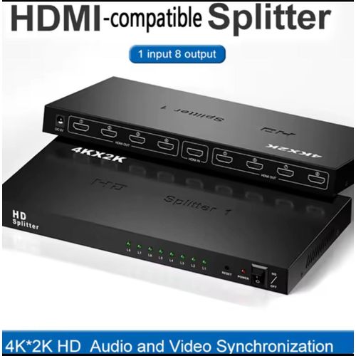 Generic 1x8 HDTV Splitter used to distribute one HDMI signal to eight displays simultaneously.