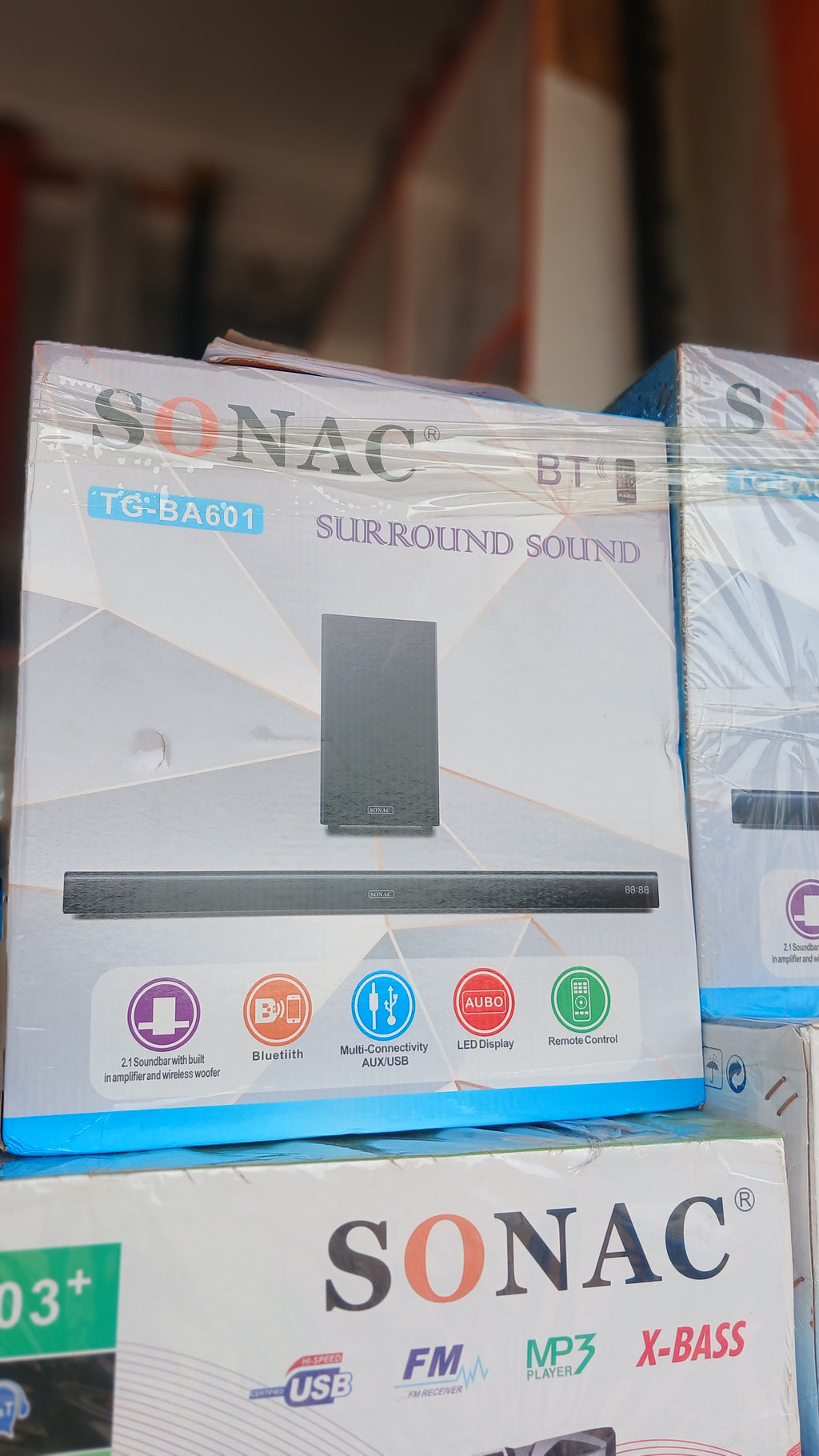 Sonac TG-BA601 2.1 channel soundbar system with a built-in subwoofer, designed to enhance TV audio-black