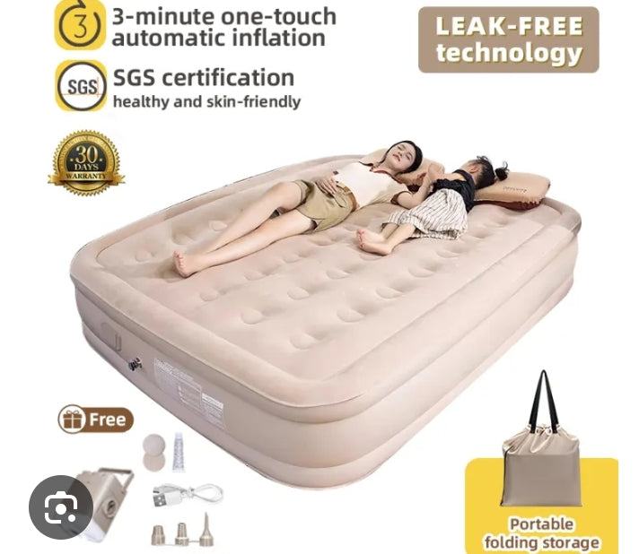 Corsair double-size inflatable air bed, with electric pump functionality for automatic inflation and deflation within three minutes.