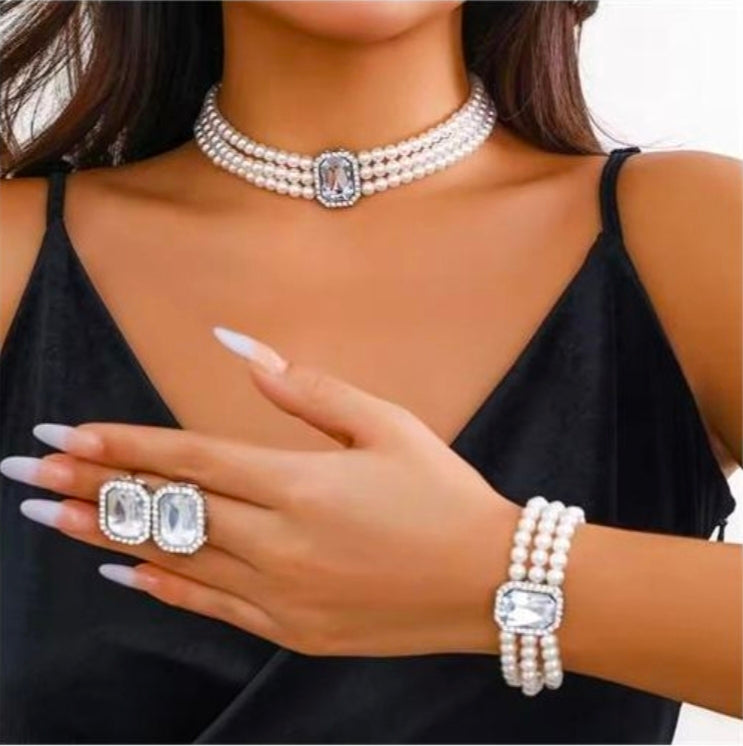 3pics/set multilayer imitation pearl chian necklace bracelet from women
