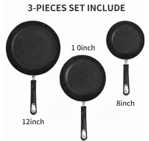 3piece non stick frying pan set,cookware set 12inch,10inch,8inch black