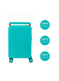 Sanzheng suitcase with a teal hard shell and orange trolley handle.