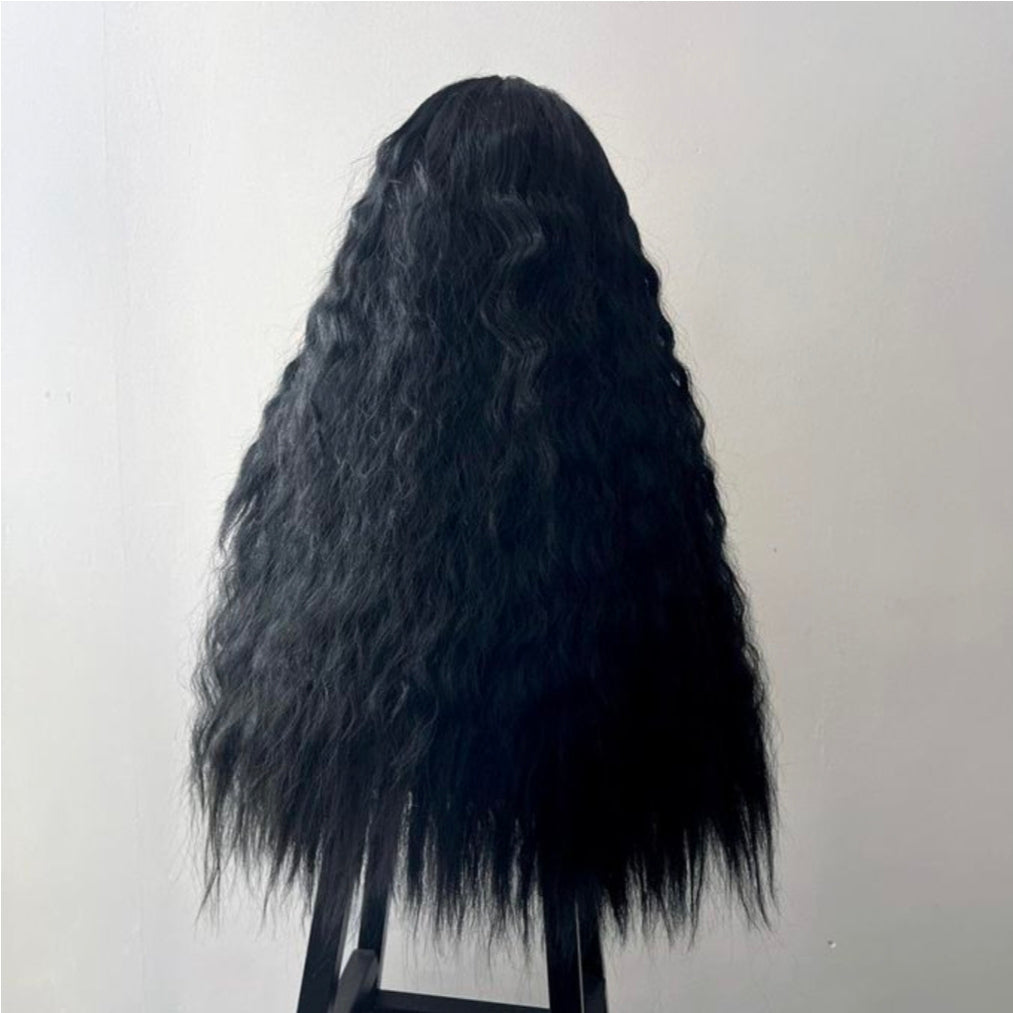 Corn blanching long curly hair wig headgear for women-black